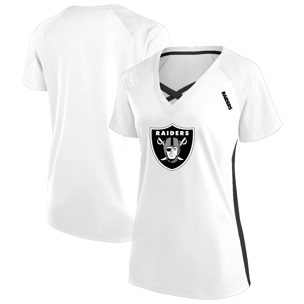 T-shirt à lacets et col en V paillettes pour femmes Fanatics White Las Vegas Raiders grande taille