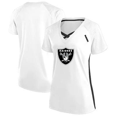 T-shirt à lacets et col en V paillettes pour femmes Fanatics White Las Vegas Raiders grande taille