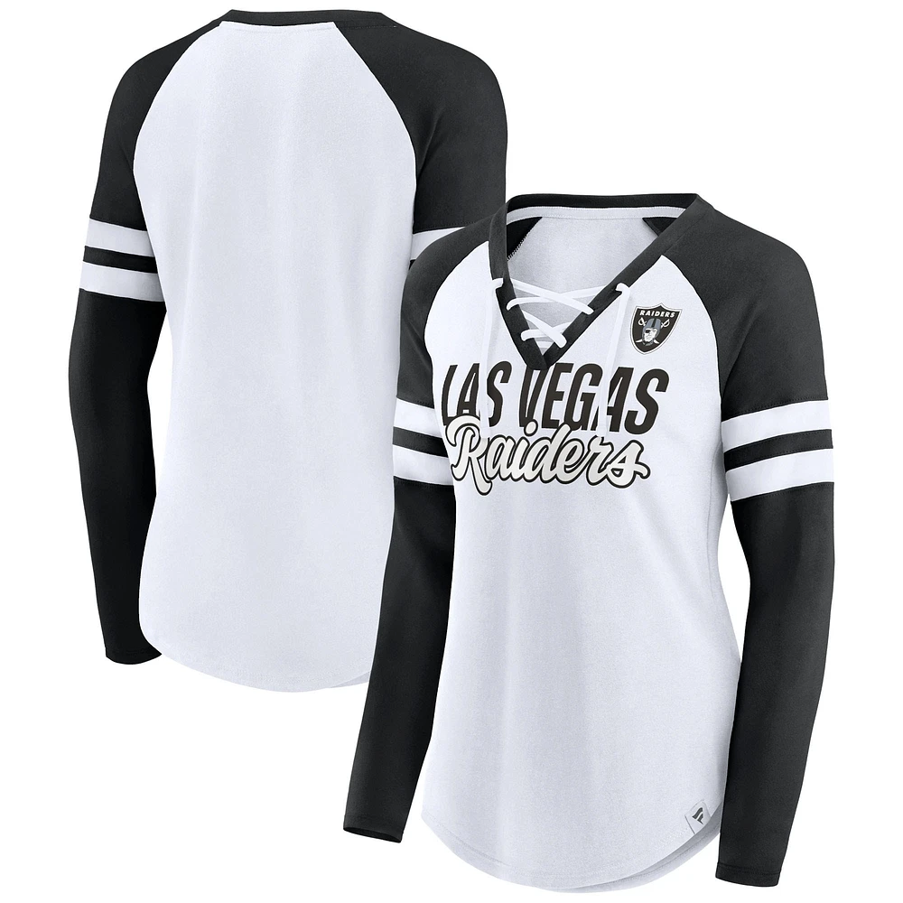 T-shirt blanc à manches longues raglan lacets et col en V Fanatics pour femmes, grande taille, Raiders de Las Vegas