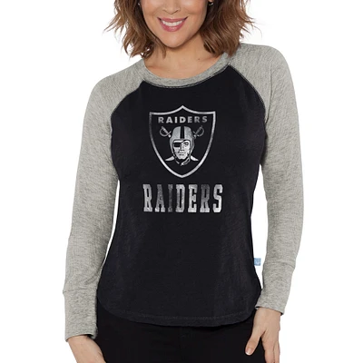 T-shirt à manches longues raglan en tricot gaufré pour femme G-III 4Her by Carl Banks noir/gris chiné Las Vegas Raiders