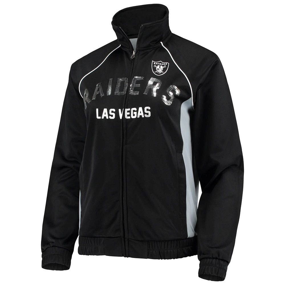 Veste de survêtement à glissière pleine longueur raglan G-III 4Her by Carl Banks pour femme des Las Vegas Raiders Backfield noir/argent