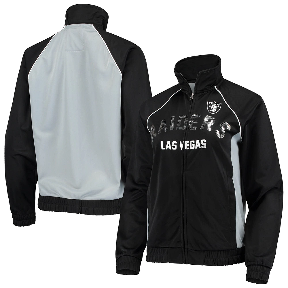 Veste de survêtement à glissière pleine longueur raglan G-III 4Her by Carl Banks pour femme des Las Vegas Raiders Backfield noir/argent