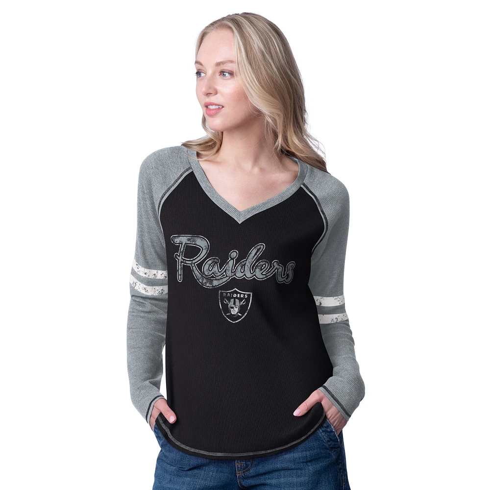 T-shirt à manches longues pour femme G-III 4Her par Carl Banks noir/argenté Las Vegas Raiders Winner