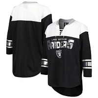 T-shirt à lacets manches 3/4 pour femme G-III 4Her by Carl Banks noir/blanc Las Vegas Raiders Double Team