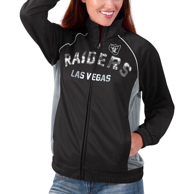 G-III 4Her by Carl Banks Women's G-III 4Her by Carl Banks Black Las Vegas  Raiders Backfield Raglan - Full-Zip Track Jacket | Bayshore Shopping Centre