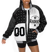 Veste bomber surdimensionnée noire/blanche Gameday Couture pour femme des Las Vegas Raiders avec strass et boutons-pression