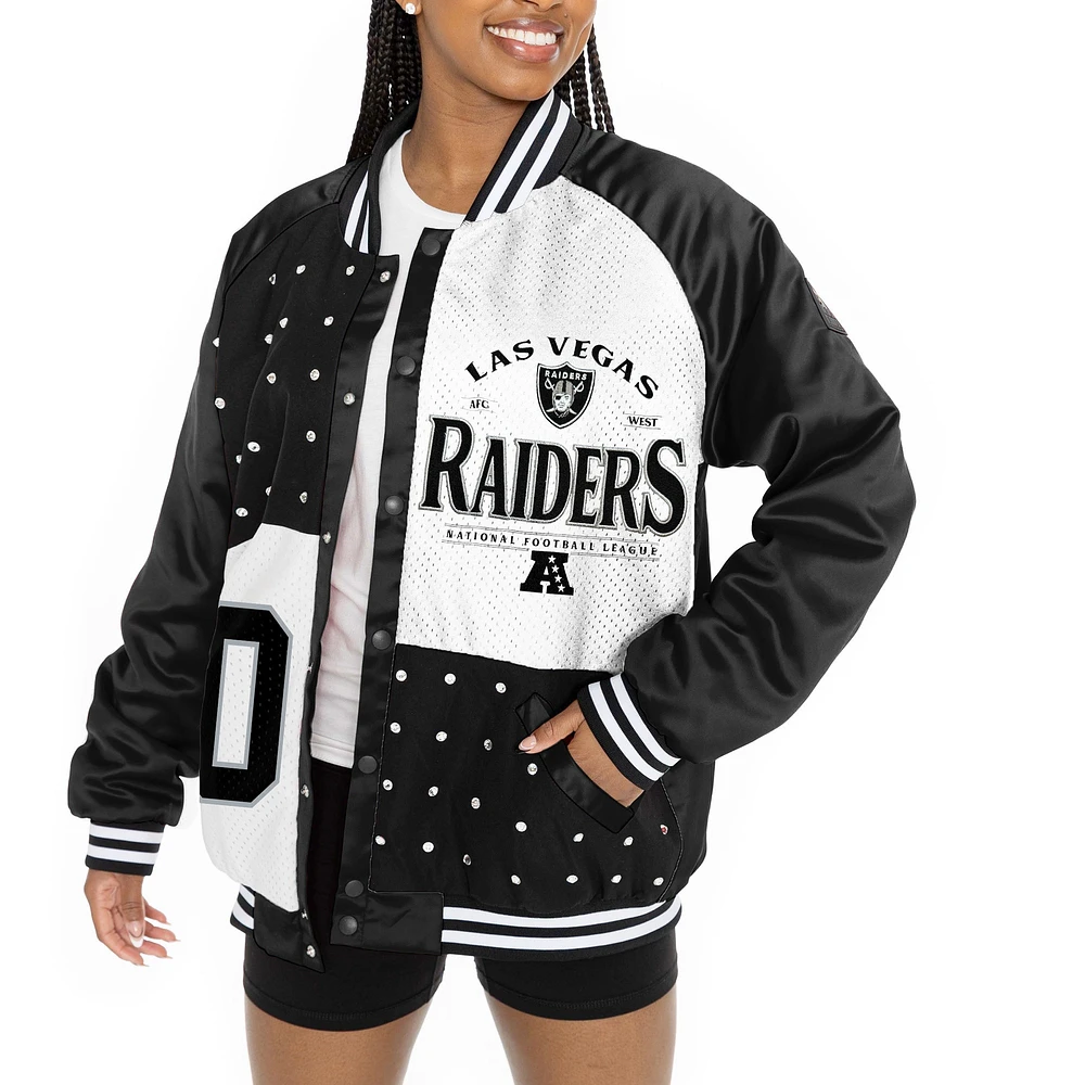 Veste bomber surdimensionnée noire/blanche Gameday Couture pour femme des Las Vegas Raiders avec strass et boutons-pression