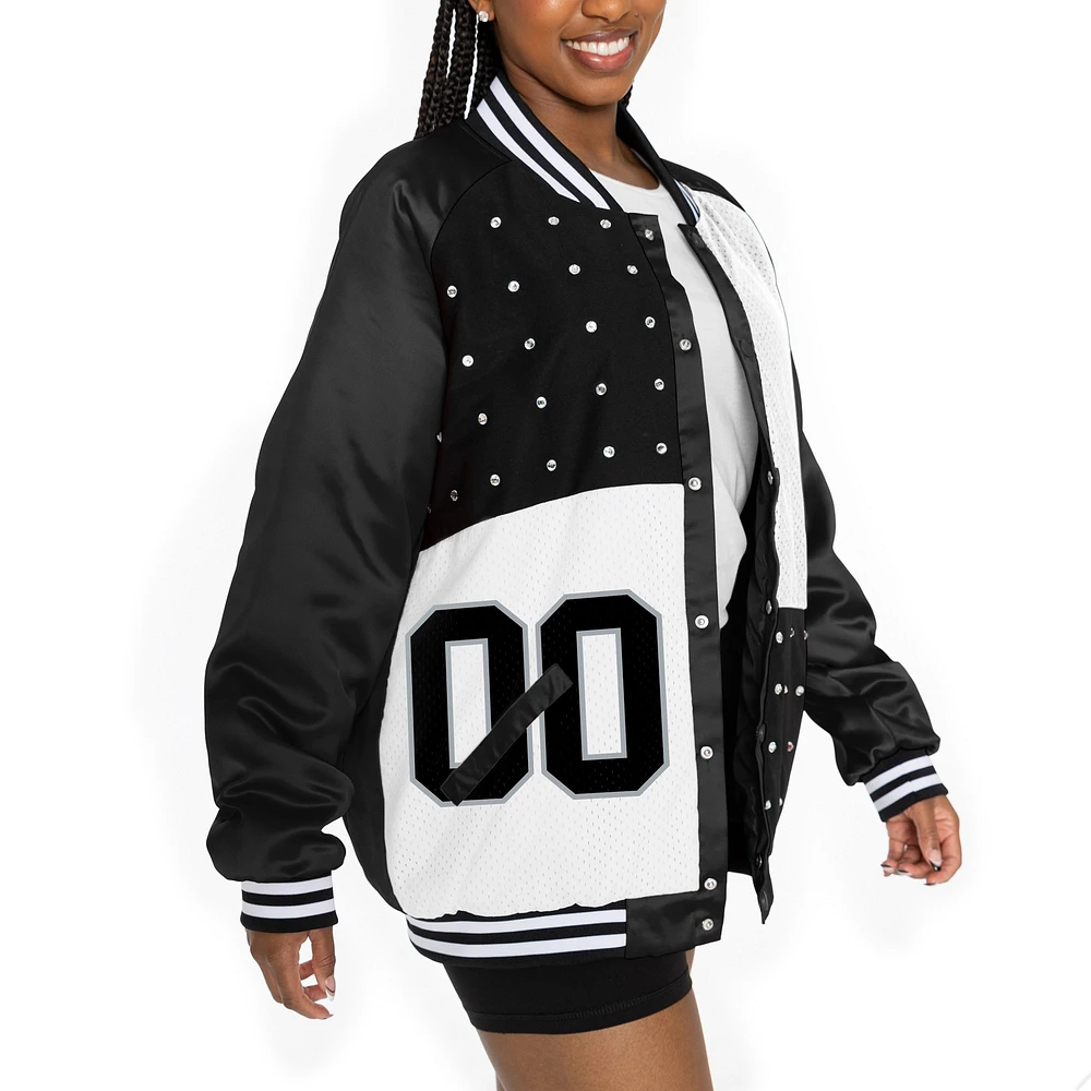 Women's Gameday Couture  Black/White Las Vegas Raiders Oversized Hot Shot Rhinestone Throwback Full-Snap Varsity Bomber Jacket