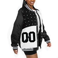 Veste bomber surdimensionnée noire/blanche Gameday Couture pour femme des Las Vegas Raiders avec strass et boutons-pression