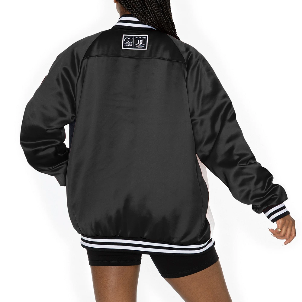 Women's Gameday Couture  Black/White Las Vegas Raiders Oversized Hot Shot Rhinestone Throwback Full-Snap Varsity Bomber Jacket