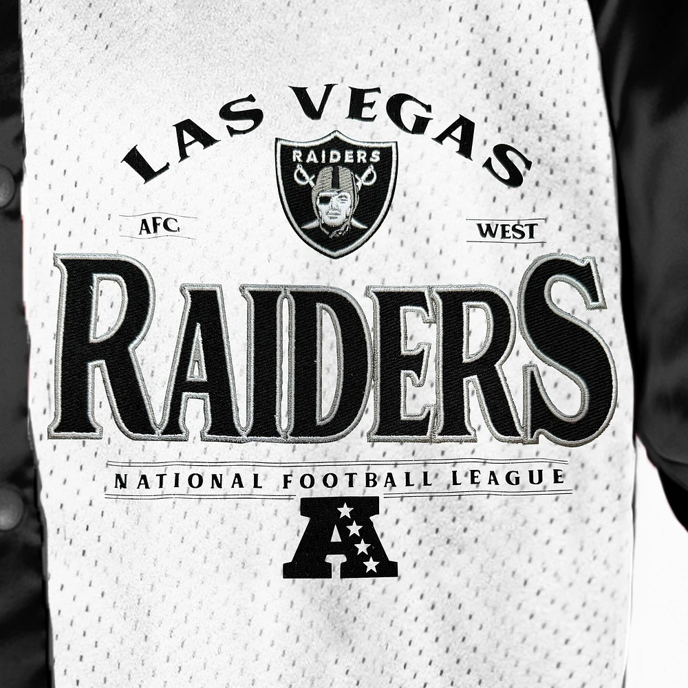 Veste bomber surdimensionnée noire/blanche Gameday Couture pour femme des Las Vegas Raiders avec strass et boutons-pression