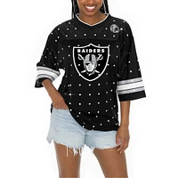 T-shirt à col en V jersey rayures sportives et strass pour femme Gameday Couture Black Las Vegas Raiders Kickoff Time