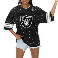 Women's Gameday Couture Black Las Vegas Raiders Kickoff Time Allover Rhinestone Sports Stripe Jersey V-Neck T-Shirt