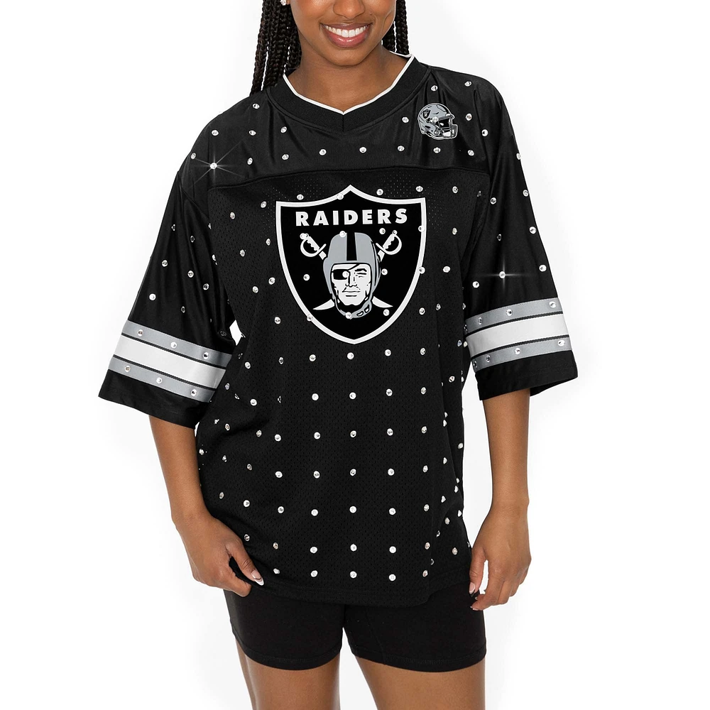 Women's Gameday Couture Black Las Vegas Raiders Kickoff Time Allover Rhinestone Sports Stripe Jersey V-Neck T-Shirt