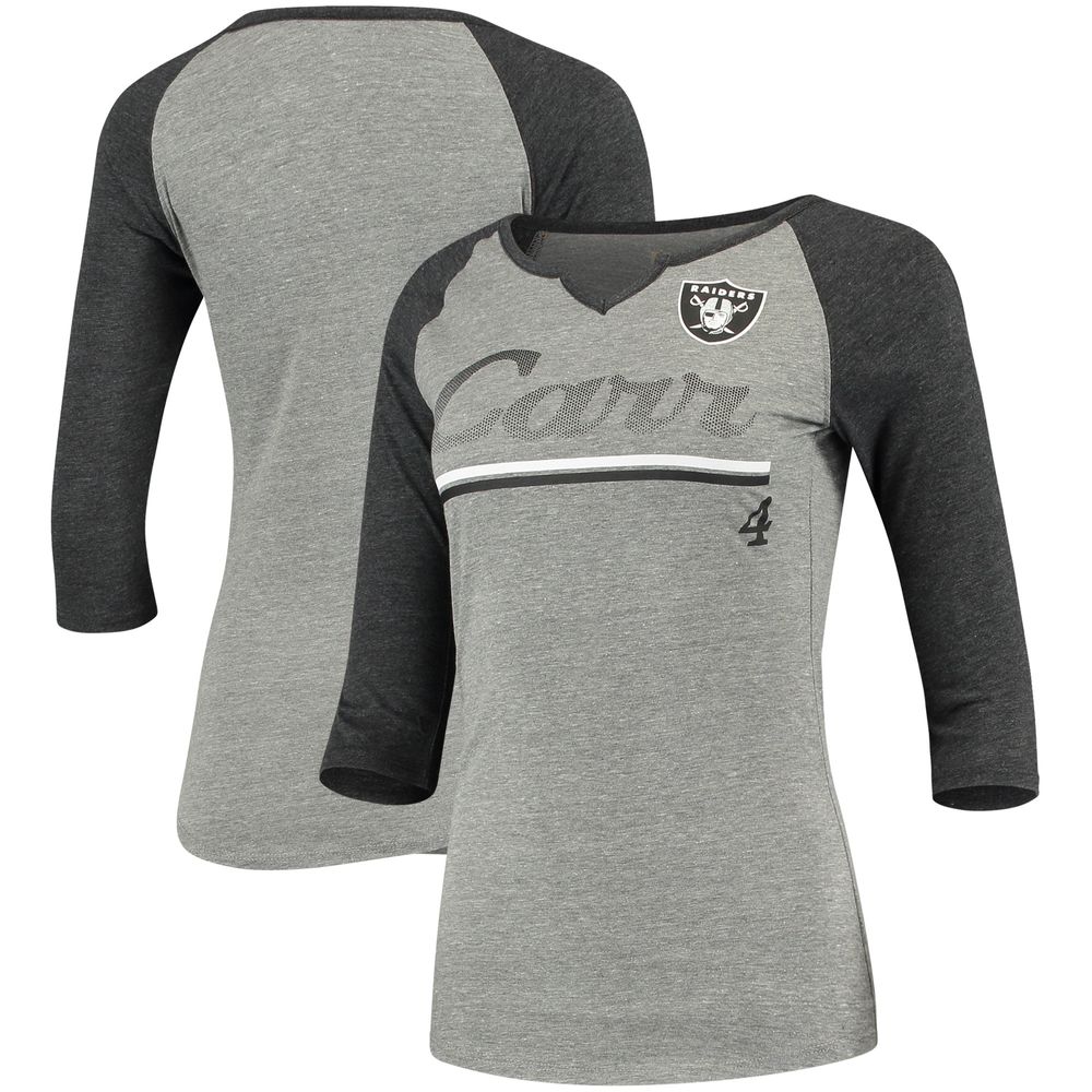 Women's Juniors Derek Carr Heathered Gray/Black Las Vegas Raiders Over the Line Player Name & Number Tri-Blend 3/4-Sleeve V-Notch T-Shirt