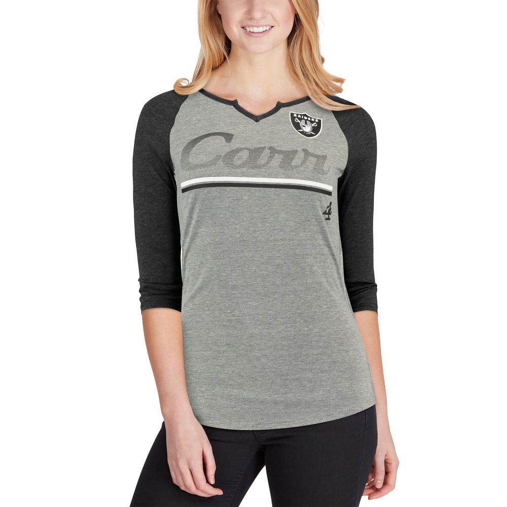 Women's Juniors Derek Carr Heathered Gray/Black Las Vegas Raiders Over the Line Player Name & Number Tri-Blend 3/4-Sleeve V-Notch T-Shirt