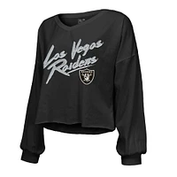 Women's Majestic Threads Maxx Crosby Black Las Vegas Raiders Off-Shoulder Script Player Name & Number Cropped Long Sleeve V-Neck T-Shirt