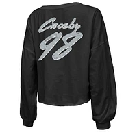 Women's Majestic Threads Maxx Crosby Black Las Vegas Raiders Off-Shoulder Script Player Name & Number Cropped Long Sleeve V-Neck T-Shirt