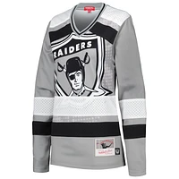 T-shirt gris en jersey à manches longues Mitchell & Ness Las Vegas Raiders Big Face 7.0 pour femmes