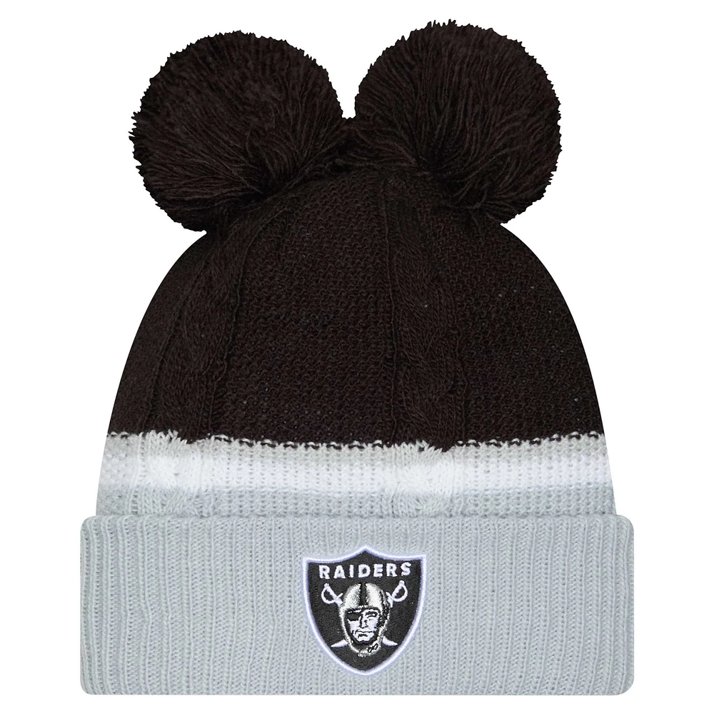 Bonnet en tricot à revers à double bulle avec pompons Las Vegas Raiders de New Era pour femme