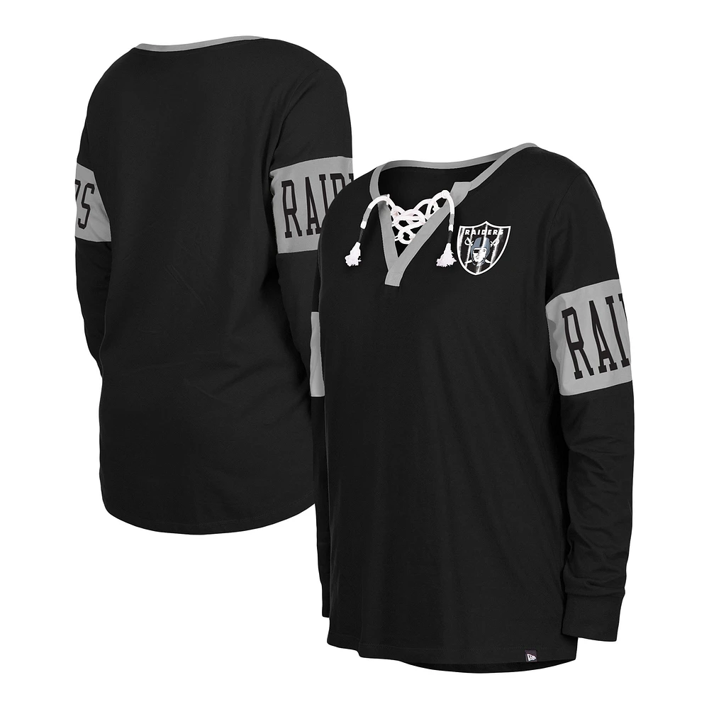 Women's New Era Black Las Vegas Raiders Lace-Up Notch Neck Long Sleeve T-Shirt