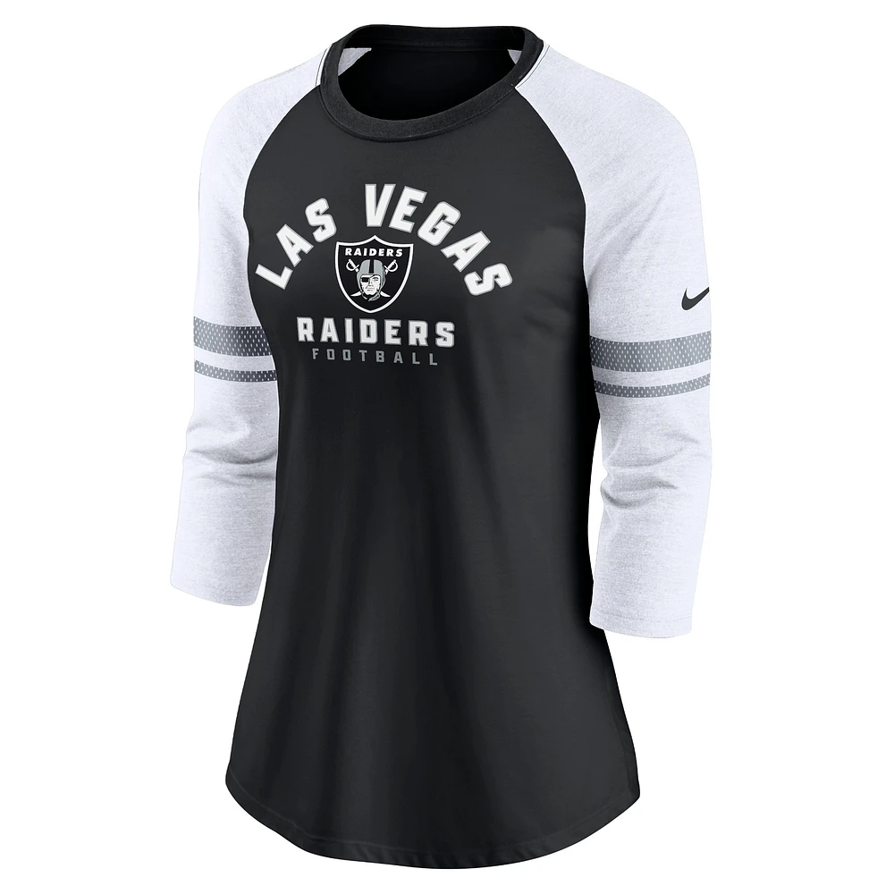 T-shirt raglan à manches 3/4 Nike Las Vegas Raiders pour femme, noir