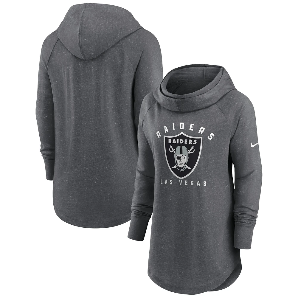 Sweat à capuche raglan col cheminée Nike Heather Charcoal pour femmes des Las Vegas Raiders