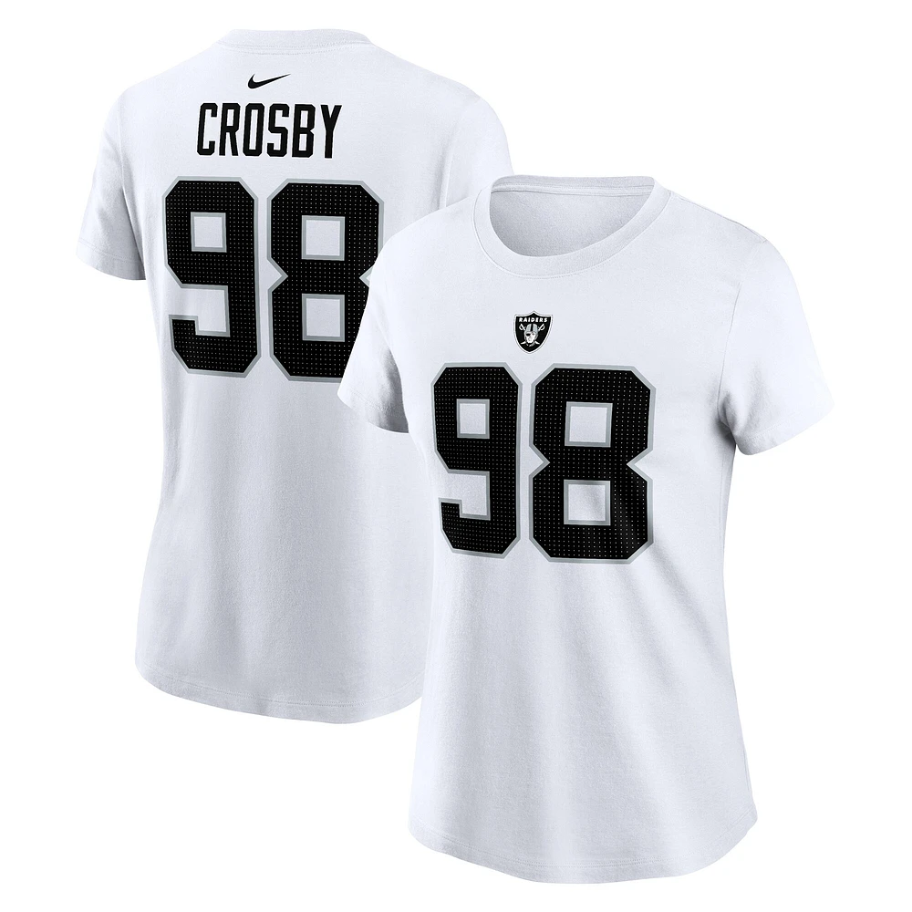 T-shirt Nike Maxx Crosby pour femme avec nom et numéro de joueur des Las Vegas Raiders blanc