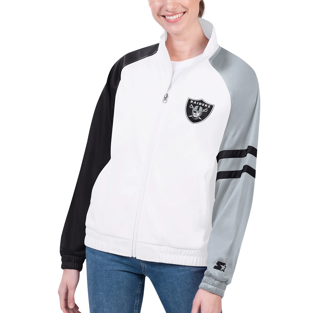 Women's Starter White Las Vegas Raiders Curve Ball Raglan Full-Zip Track Jacket