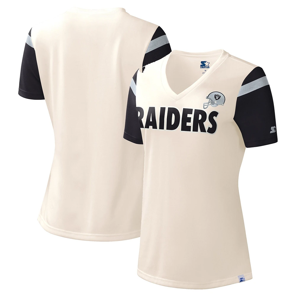 T-shirt à col en V Starter Las Vegas Raiders Kick Start blanc pour femme