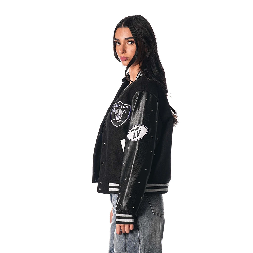 Women's The Wild Collective Black Las Vegas Raiders Varsity Full-Snap Sparkle Jacket