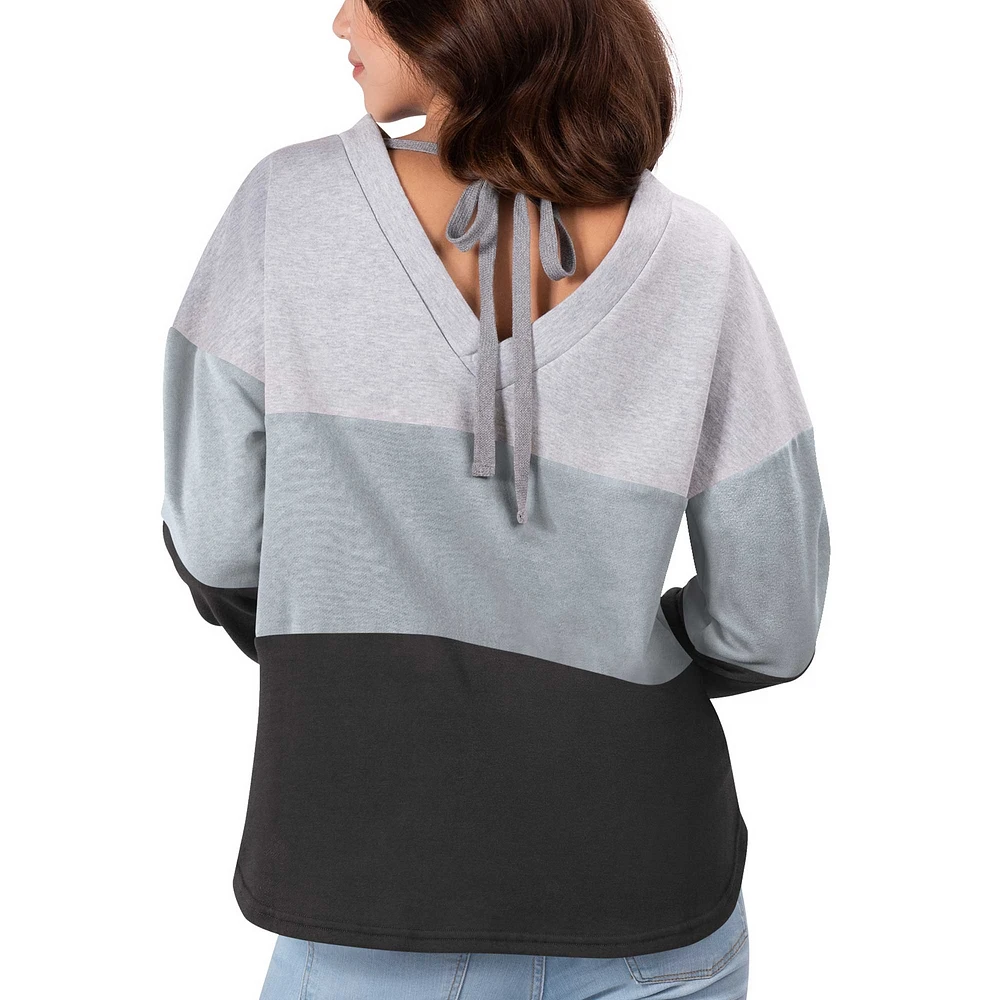 Women's Touch Heather Gray/Black Las Vegas Raiders Outfield Deep V-Back Waist Length Pullover Sweatshirt