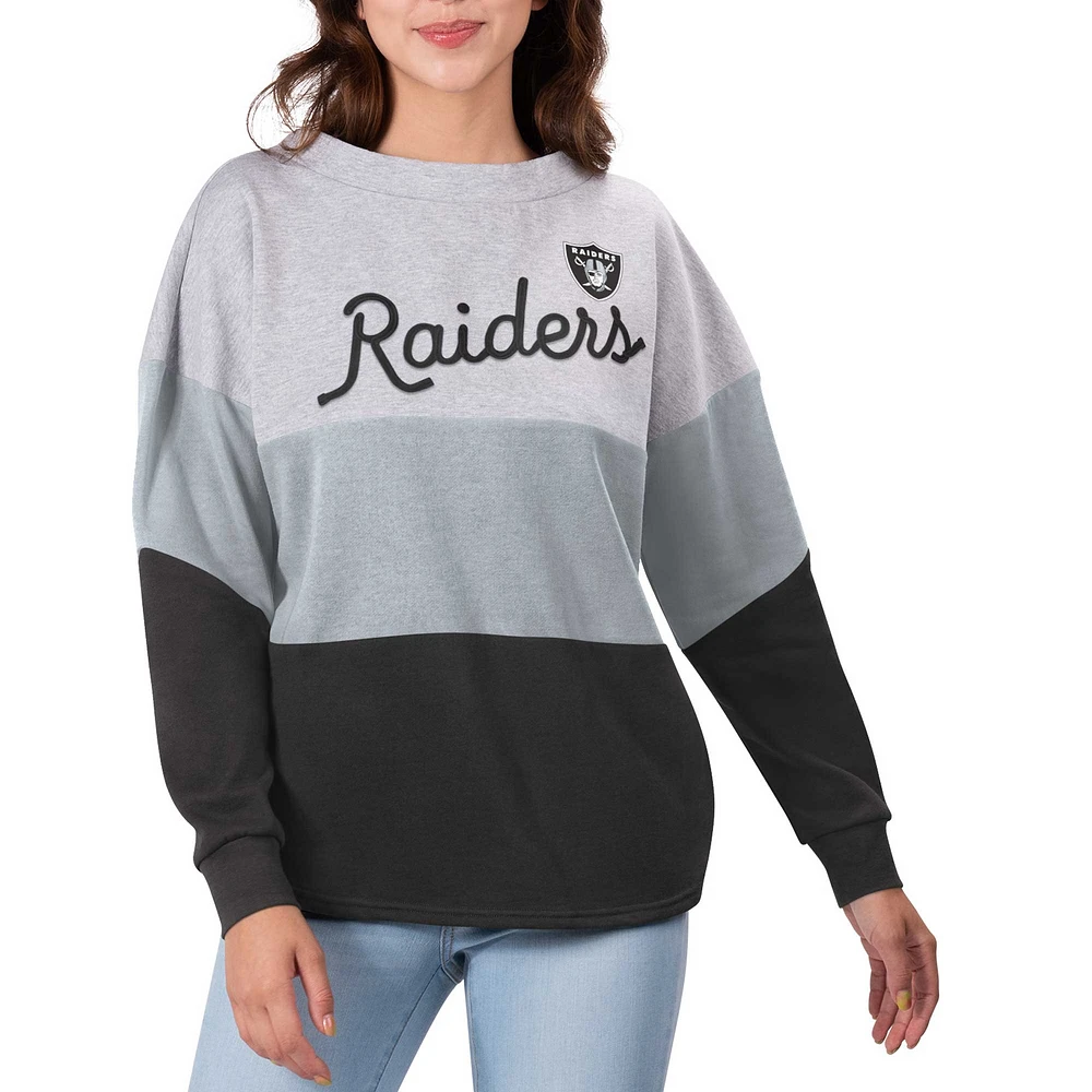 Women's Touch Heather Gray/Black Las Vegas Raiders Outfield Deep V-Back Waist Length Pullover Sweatshirt