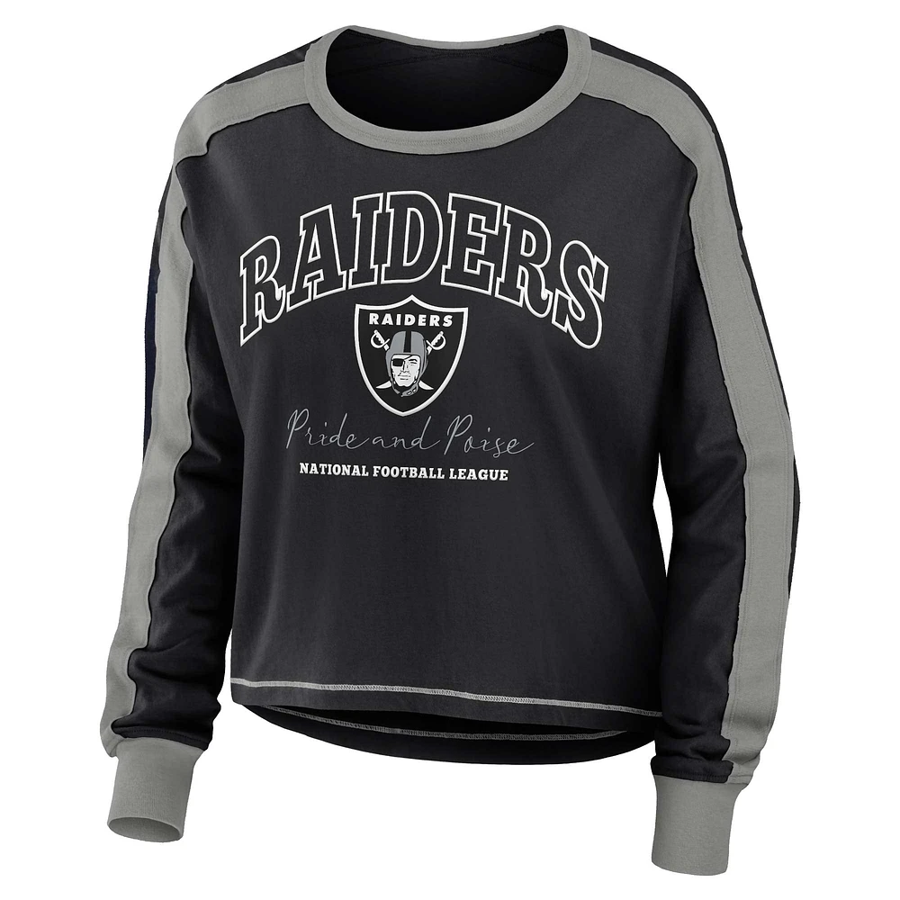 T-shirt court à manches longues et blocs de couleurs noir/argenté pour femme WEAR by Erin Andrews des Las Vegas Raiders