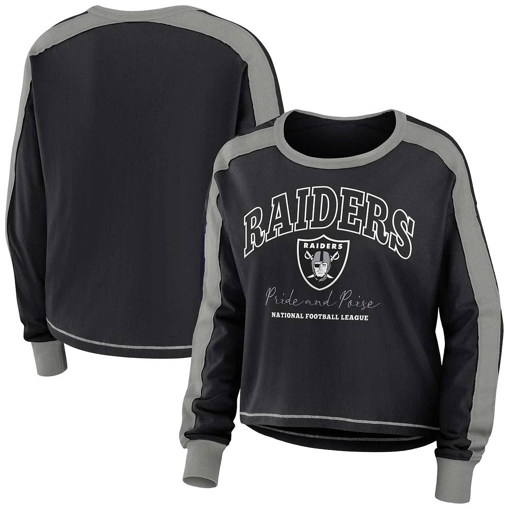 T-shirt court à manches longues et blocs de couleurs noir/argenté pour femme WEAR by Erin Andrews des Las Vegas Raiders