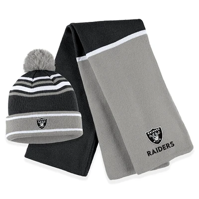 Las Vegas Raiders WEAR by Erin Andrews Women's Colorblock Cuffed Knit Hat with Pom and Scarf Set - Black