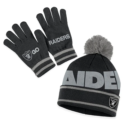 Women's WEAR by Erin Andrews  Black Las Vegas Raiders Double Jacquard Cuffed Knit Hat with Pom and Gloves Set