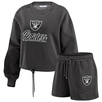 Ensemble de détente pour femme WEAR by Erin Andrews composé d'un t-shirt à manches longues et short en polaire délavée noire Las Vegas Raiders