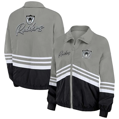 Women's WEAR by Erin Andrews Silver Las Vegas Raiders Vintage Throwback Windbreaker Full-Zip Jacket