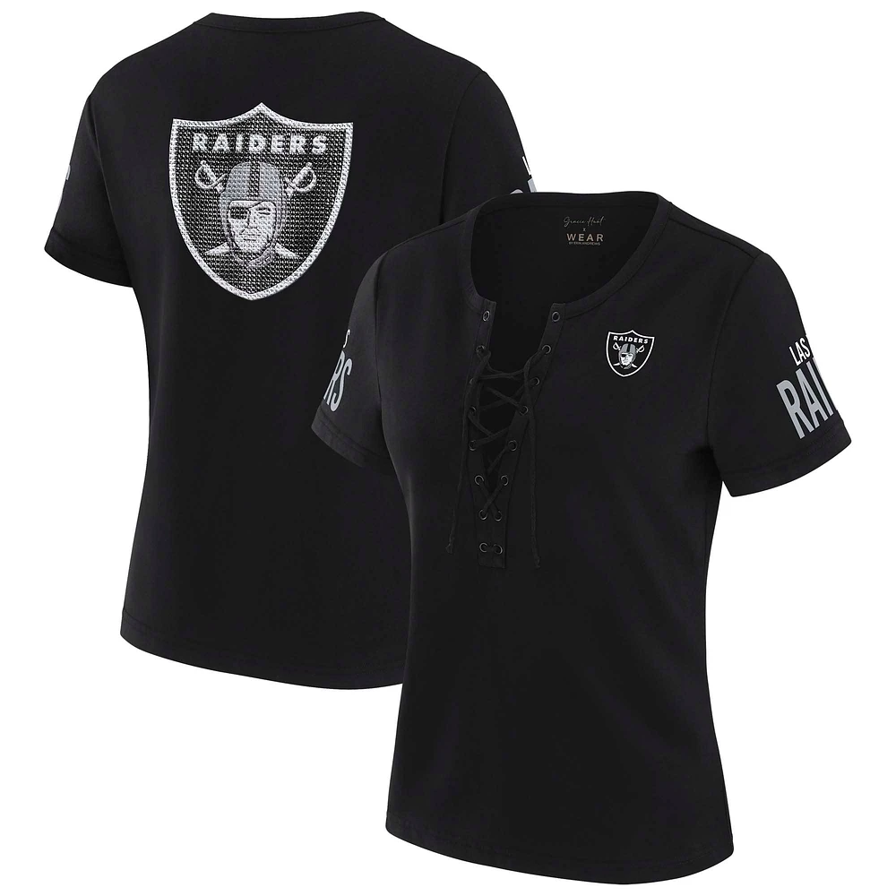 T-shirt à lacets noir Las Vegas Raiders Draft Me pour femme WEAR by Erin Andrews x Gracie Hunt