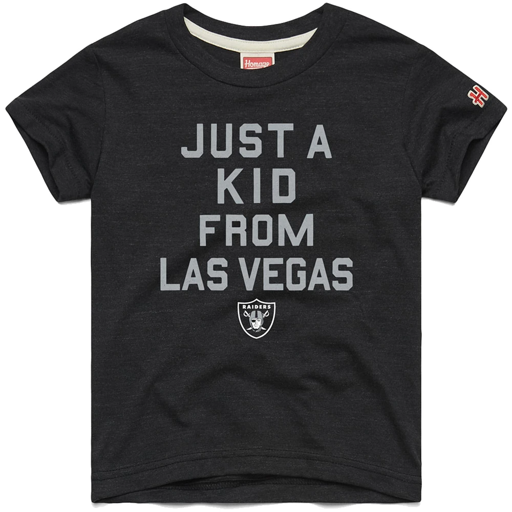 T-shirt noir a trois mélanges Just Kid des Las Vegas Raiders, hommage aux jeunes