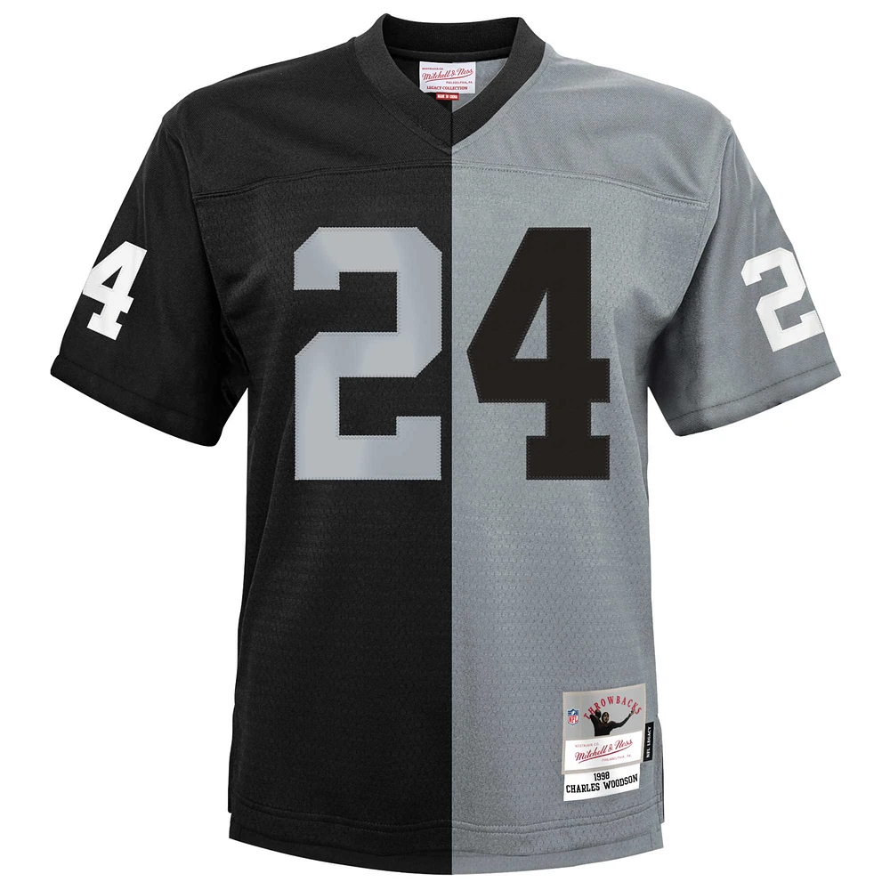 Youth Mitchell & Ness Charles Woodson Black/Silver Las Vegas Raiders Split Legacy Jersey