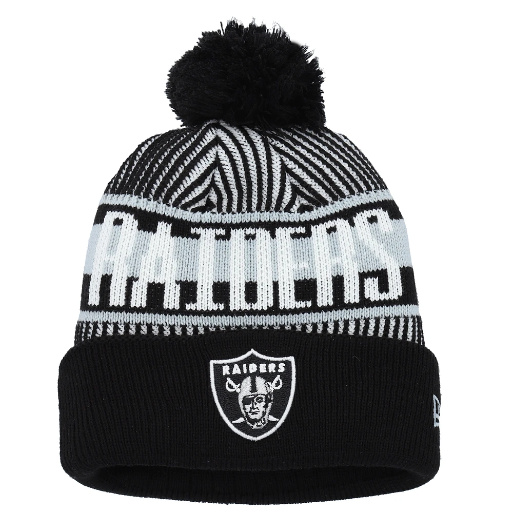 Bonnet en tricot à revers rayé noir Las Vegas Raiders New Era pour jeune avec pompon