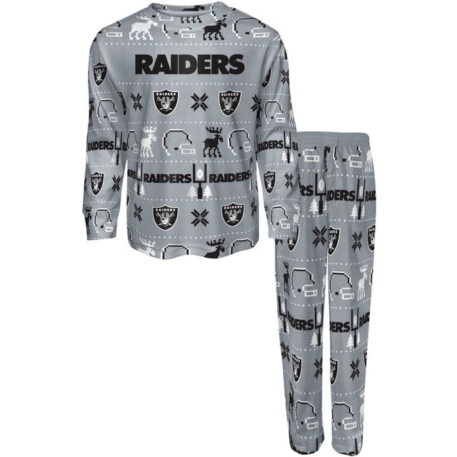 Las Vegas Raiders Youth Logo Allover Print Long Sleeve T-Shirt & Pants  Holiday Pajamas Sleep Set - Silver