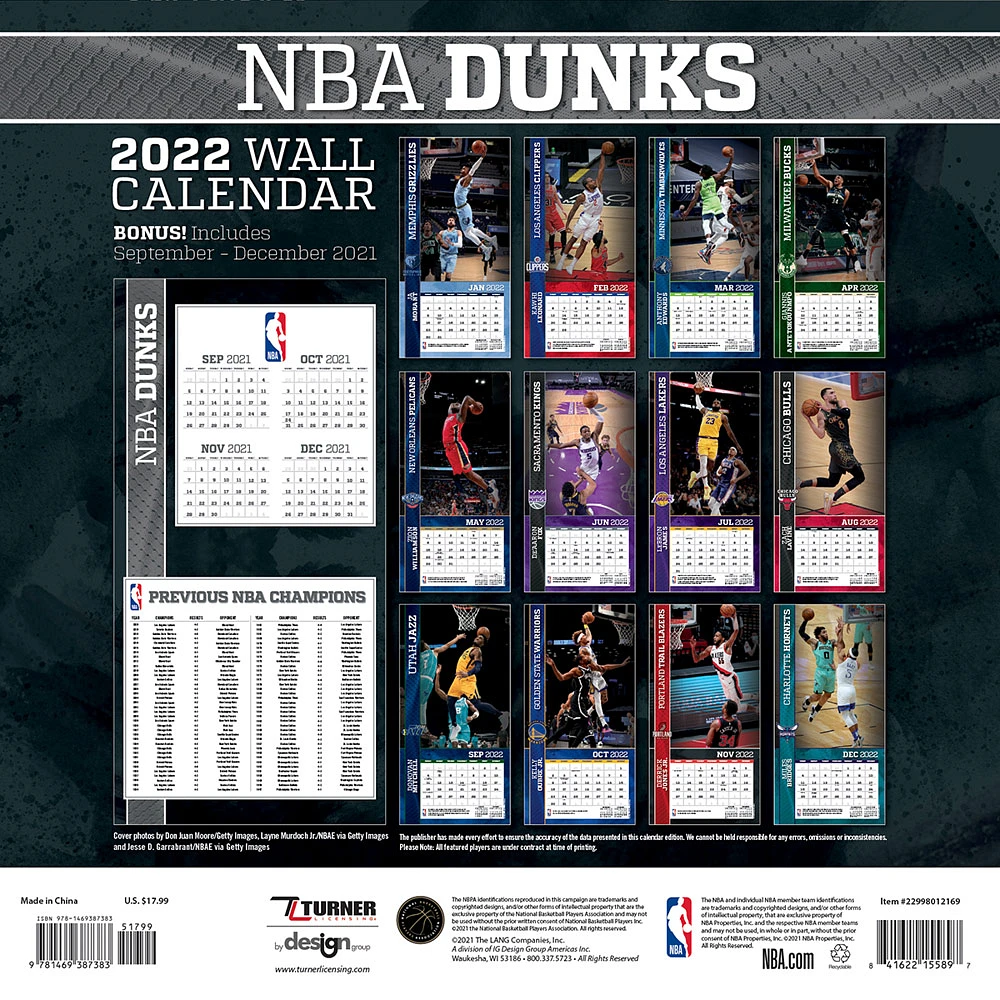 NBA 2022 Dunks Wall Calendar