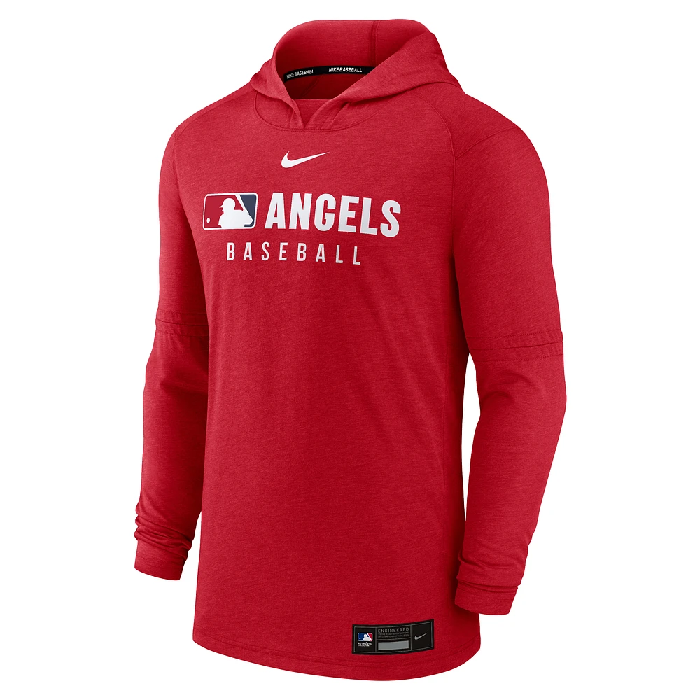 Men's Nike  Heather Red Los Angeles Angels Authentic Collection Tri-Blend Performance Pullover Hoodie