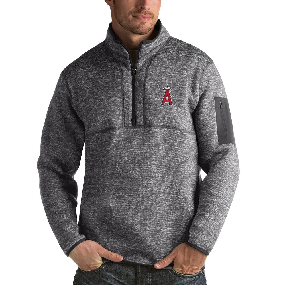 Men's Antigua Heathered Charcoal Los Angeles Angels Fortune Half-Zip Sweater