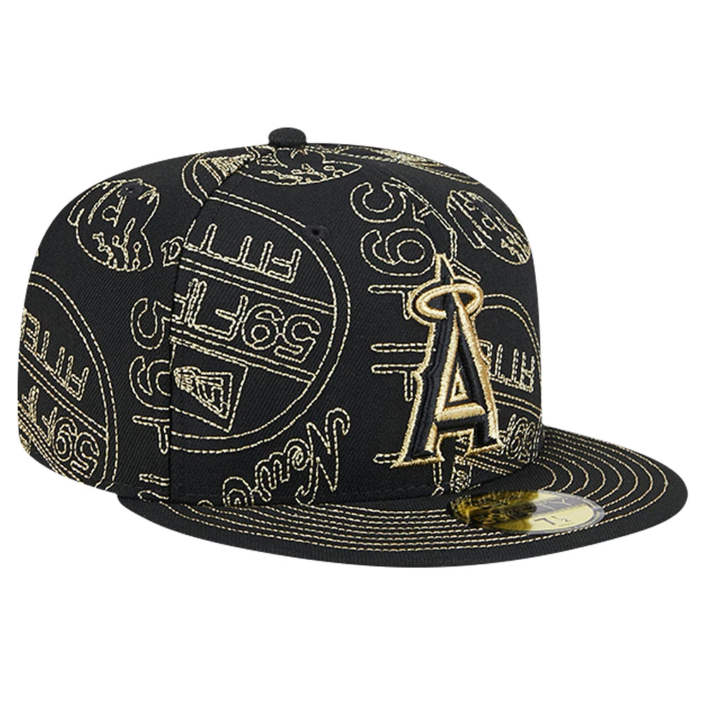 Casquette ajustée noire Los Angeles Angels 59FIFTY Day Allover New Era pour hommes