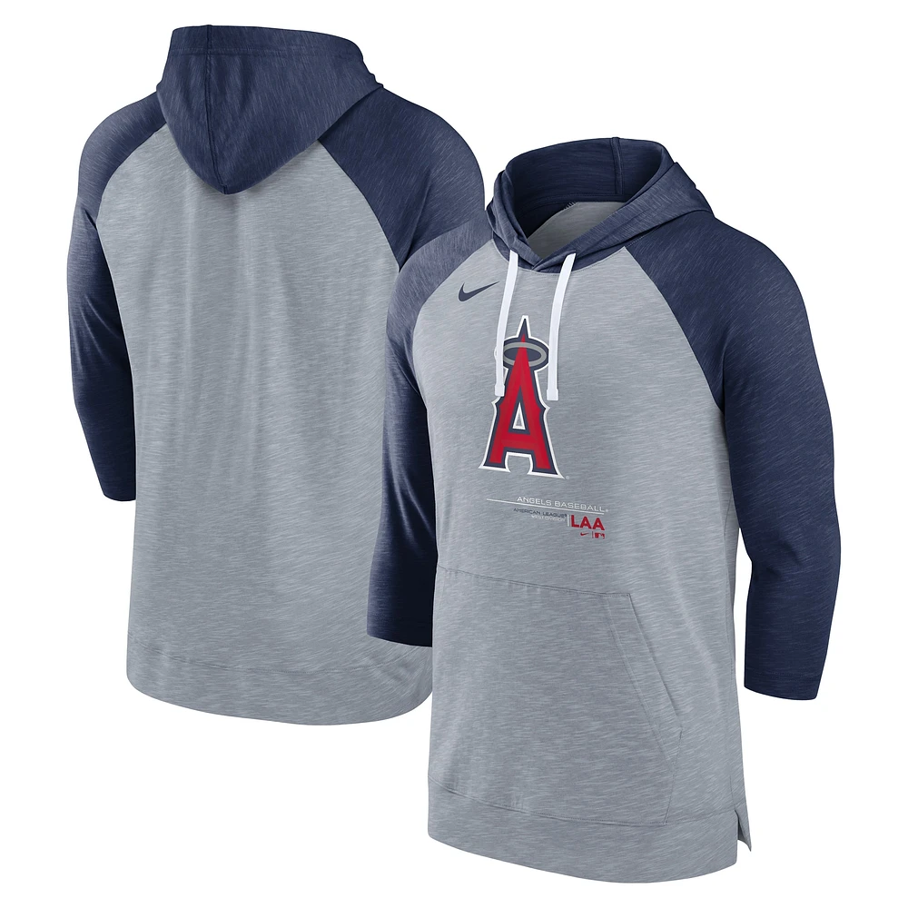 Men's Nike Heather Gray/Heather Navy Los Angeles Angels Baseball Raglan 3/4-Sleeve Pullover Hoodie