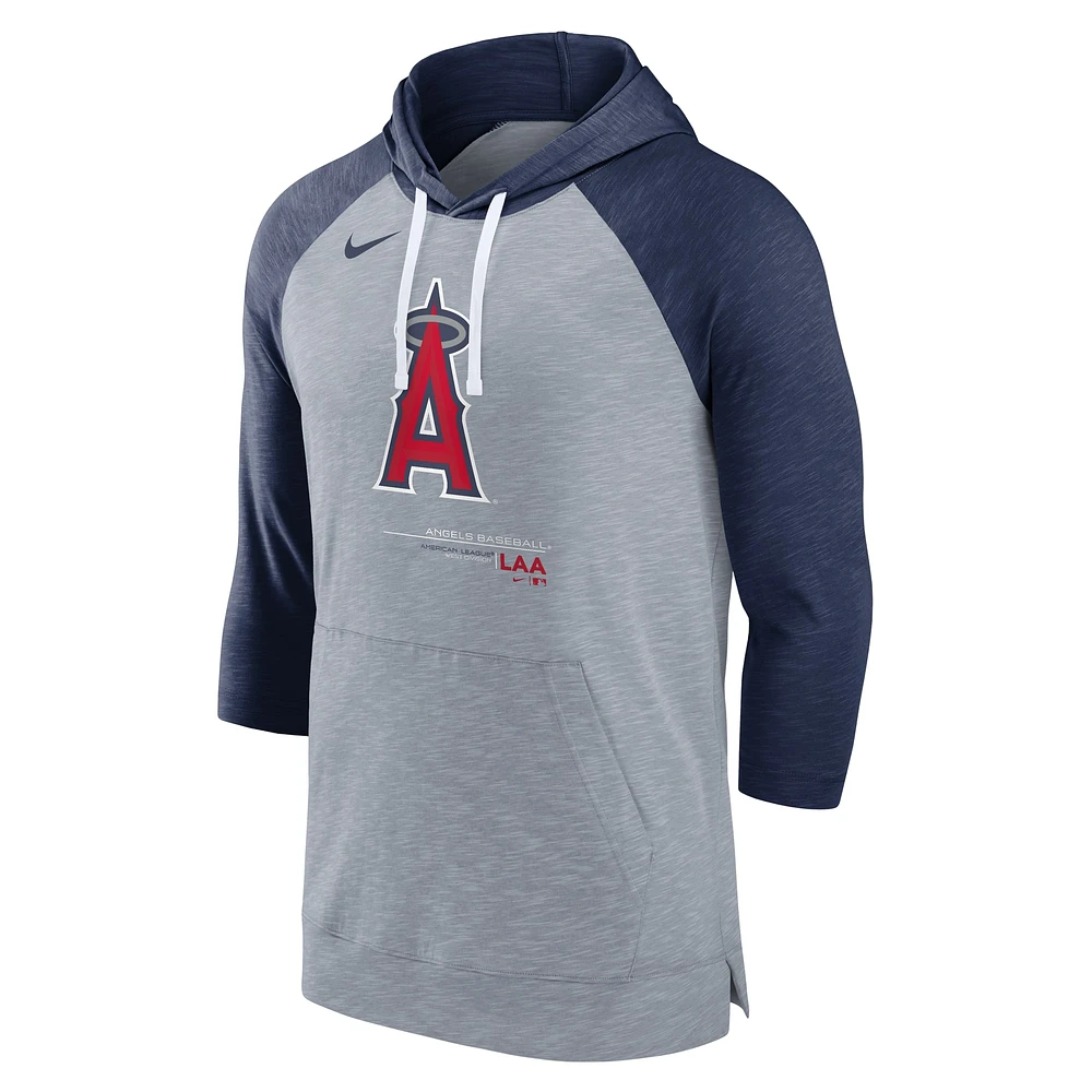 Men's Nike Heather Gray/Heather Navy Los Angeles Angels Baseball Raglan 3/4-Sleeve Pullover Hoodie